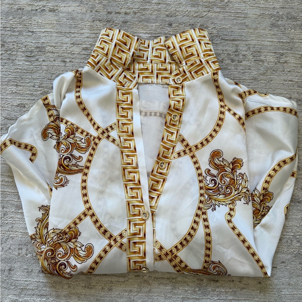 Woven Chain-Print Button-Down Shirt - White/Gold - Picture 5 of 7
